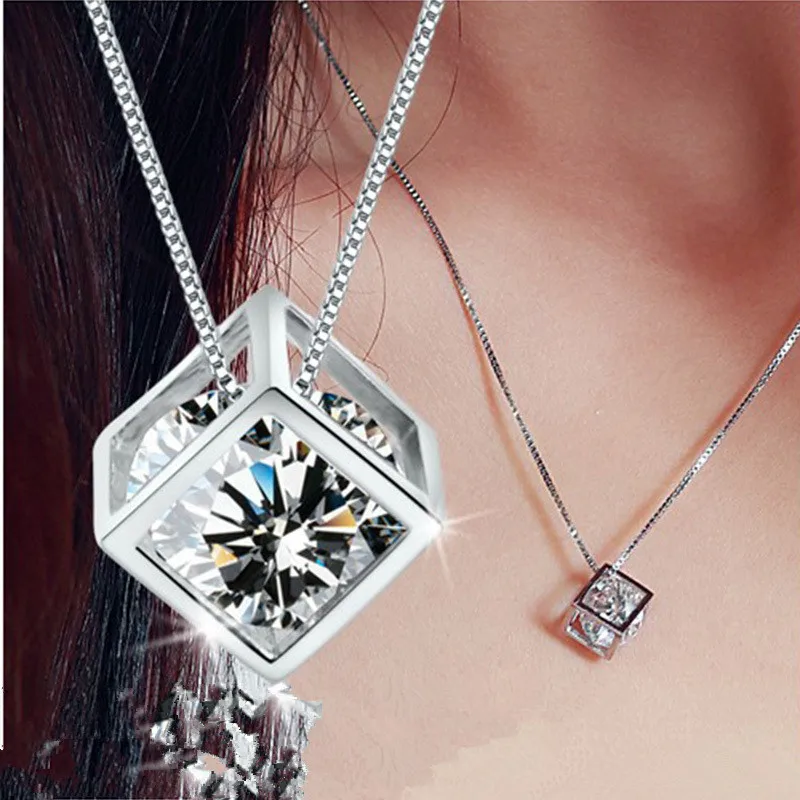 

100% 925 sterling silver fashion square shiny crystal ladies`pendant necklace jewelry women short box chain wholesale gift