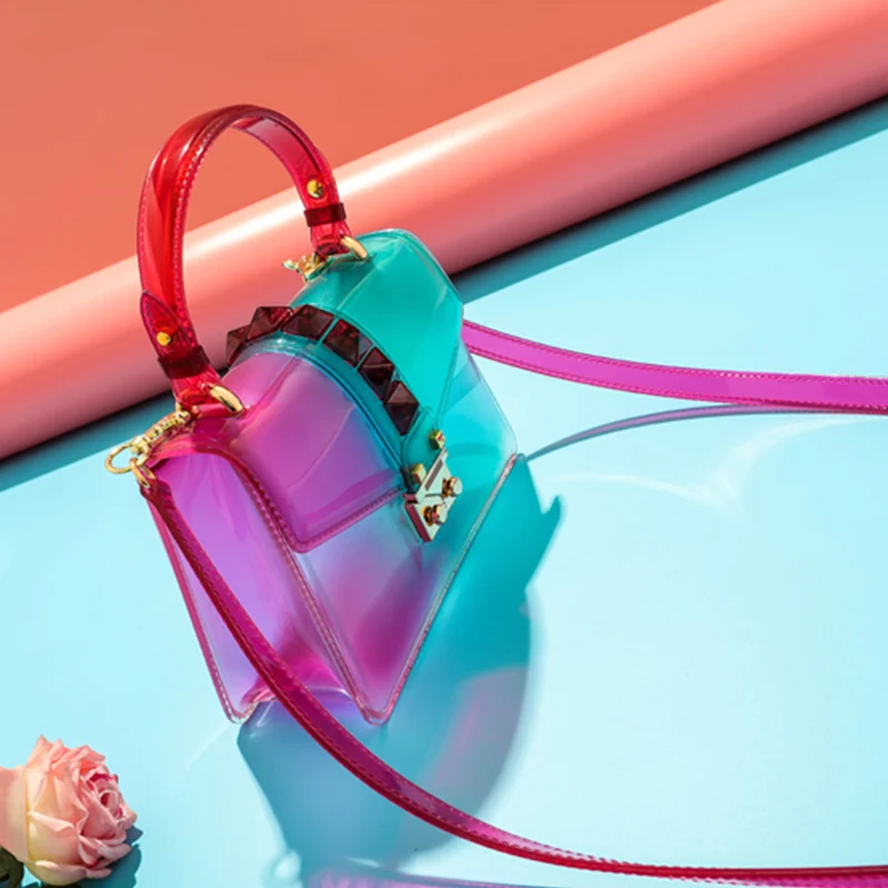 Transparent Satchel Handbag Gradients Color Clear Jelly Transparent PVC Rivets Candy Color Tote Bags Crossbody Messenger Bag