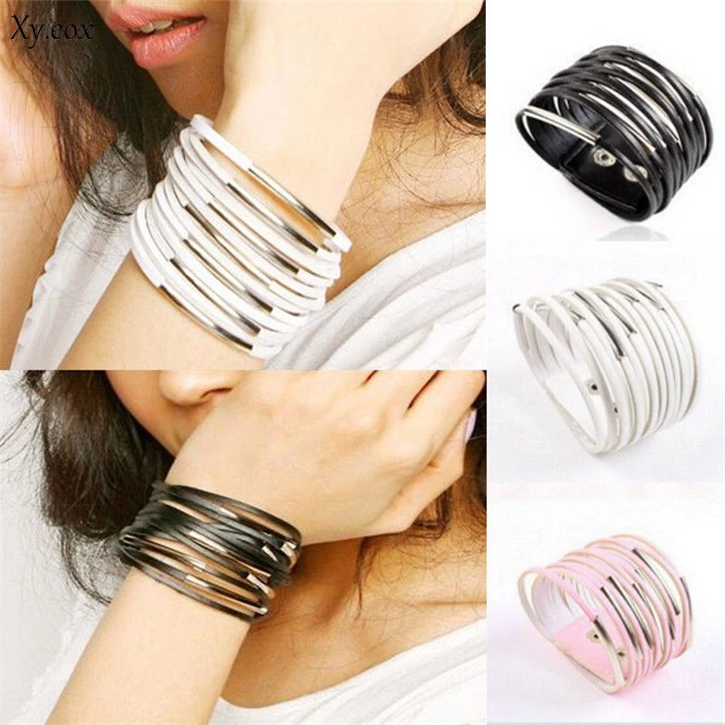 

Vintage Mens Womens Adjustable Multilayer Wrap Cuff Bangle Button Bracelet
