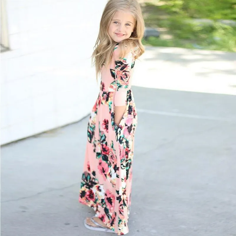 2018 girls dress spring and summer cute baby girl flower short-sleeved children's casual beach wear Maxi suit 2-10T | Детская одежда