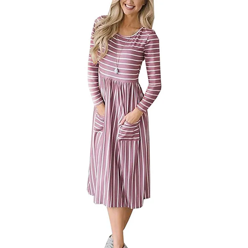 

2019 Autumn Casual Vintage Dress Women Pockets Long Sleeve Striped Print Dress Ladies Dresses Clothes for Women O-neck Vestidos