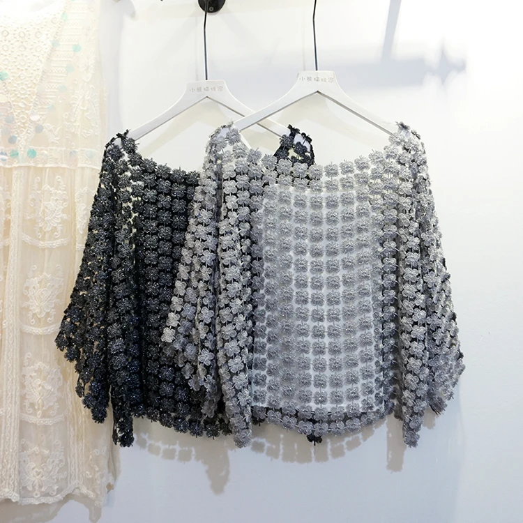 Cakucool для женщин Роскошные золотые люрекс блуза Bling кружево Embroid выдалбливают Милая рубашка половина расклешенный рукав элегантный Blusa топы Femme
