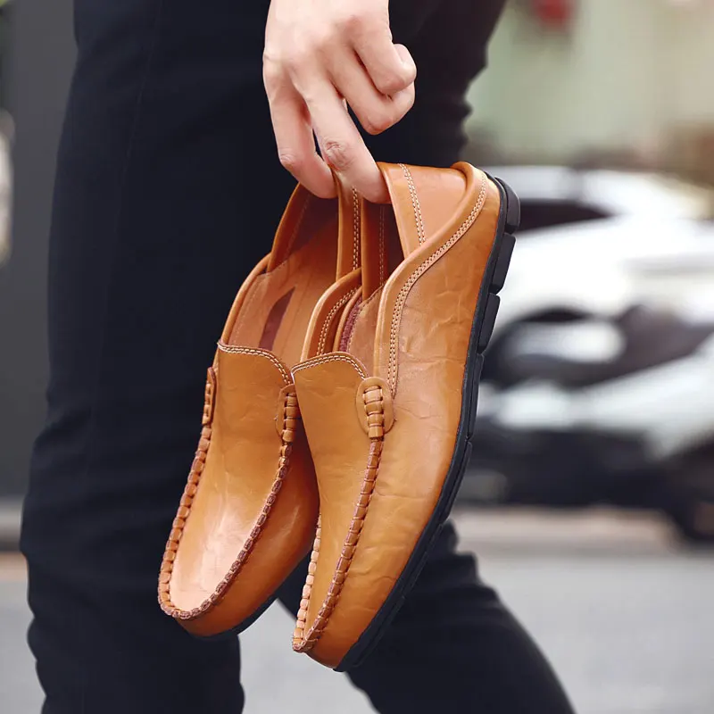 QASDUO winter Slip-on light casual shoes loafers men moccasins genuine leather men's flats black Plus sizes 46 | Обувь