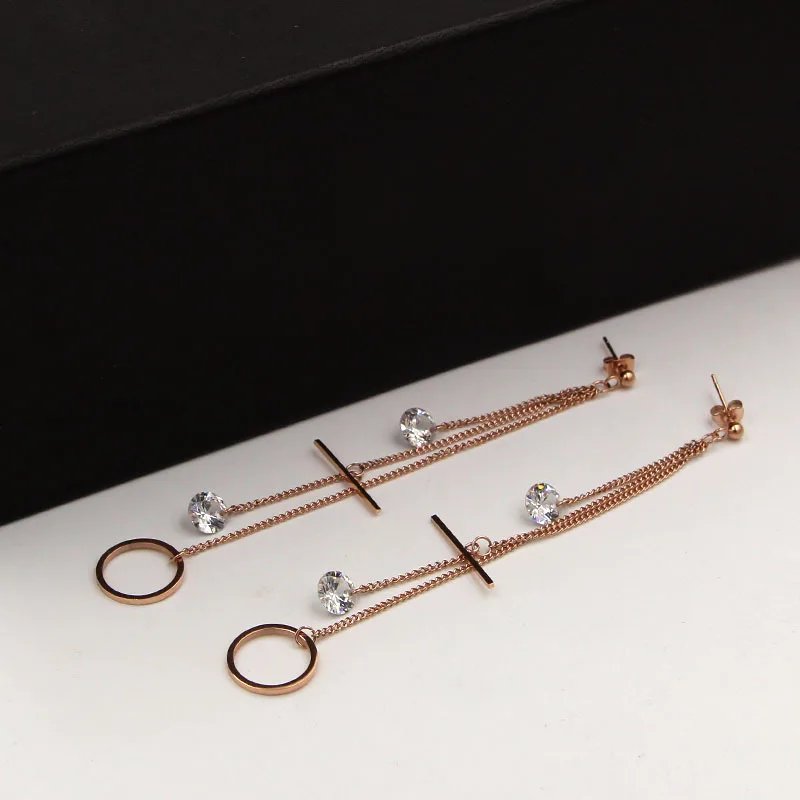 

Fashion Jewelry,Steel beads, side chain zircon, rose gold, tassel earrings, titanium steel earrings for female
