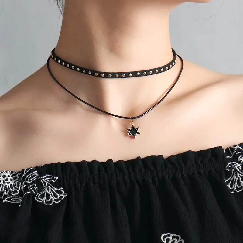 

Leather Choker Necklace Fashion Stainless Steel Metal Enamel Geometric Heart Pendant Necklace For Women Female Elegant Jewelry