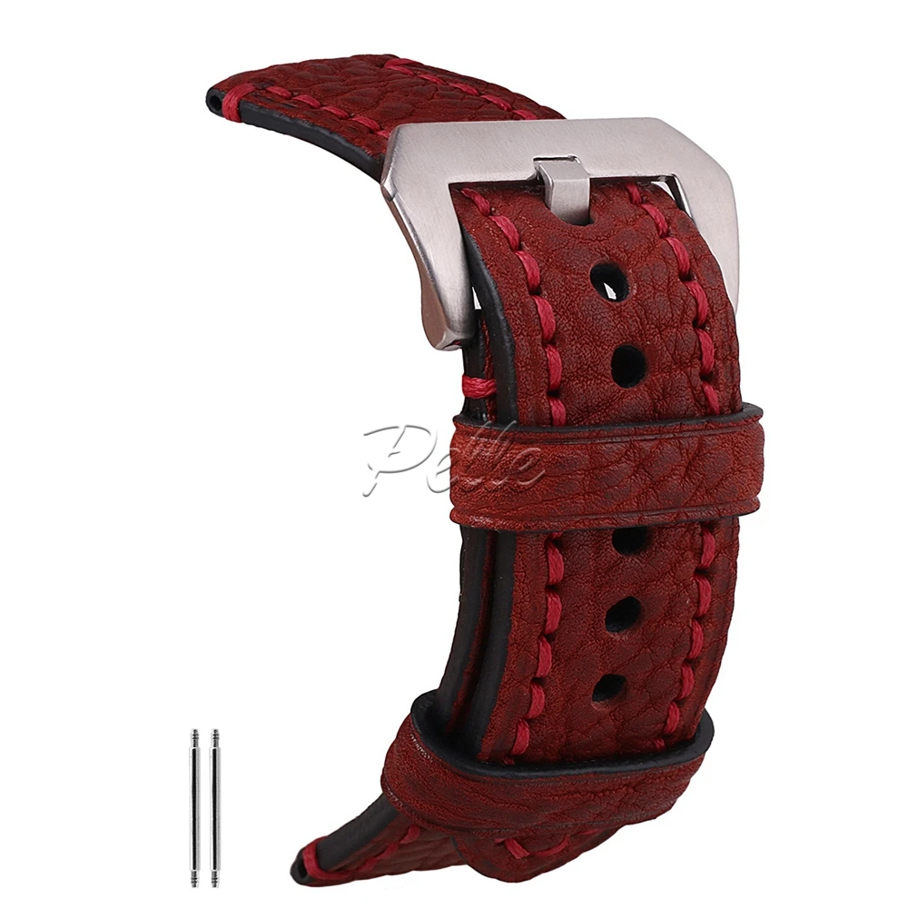 Pelle 22mm Red Vegetable Tanned Cowhide Leather Strap Silver Buckle Genuine Calfskin | Наручные часы
