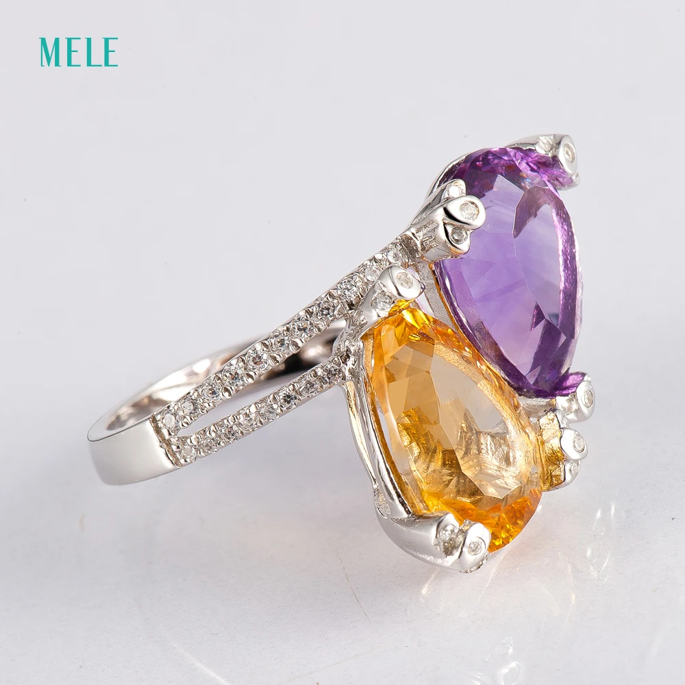 Мелеобразный натуральный аметист и цитрин серебряное кольцо вогнутая резка