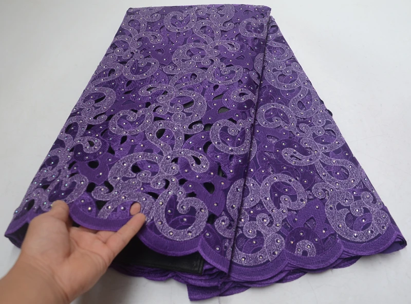 

High quality purple African lace 5 yards/piece embroidered cut-out design French organza lace fabric with exquisite gem party dr