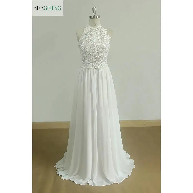 Цвета слоновой кости шифоновое кружевное свадебное платье в пол Длина церковь со шлейфом без рукавов с