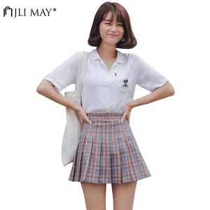Юбка JLI MAY Женская плиссированная с завышенной талией, однотонная клетчатая мини-юбка А-силуэта в Корейском стиле, школьная форма в японском стиле Харадзюку