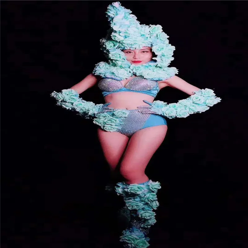 

E36 Ballroom dance female stage costumes dj ds wears flower bodysuit sexy singer perform dress clothe gogo jumpsuit bikini party