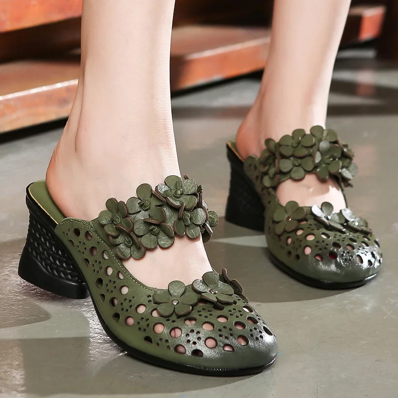 Женские кожаные шлепанцы Летняя обувь бежевого цвета на высоком каблуке 7 см