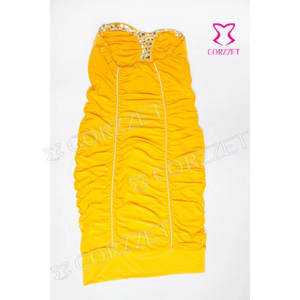Модное желтое платье с бусинами без бретелек для девочек вечернее Клубное