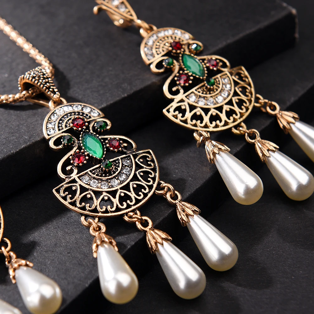 Vintage Ethnic Imitation giada Crystal Geometric Pearls Necklace Sets Drop Earring and Set for Women Bridesmaid Wedding | Украшения и