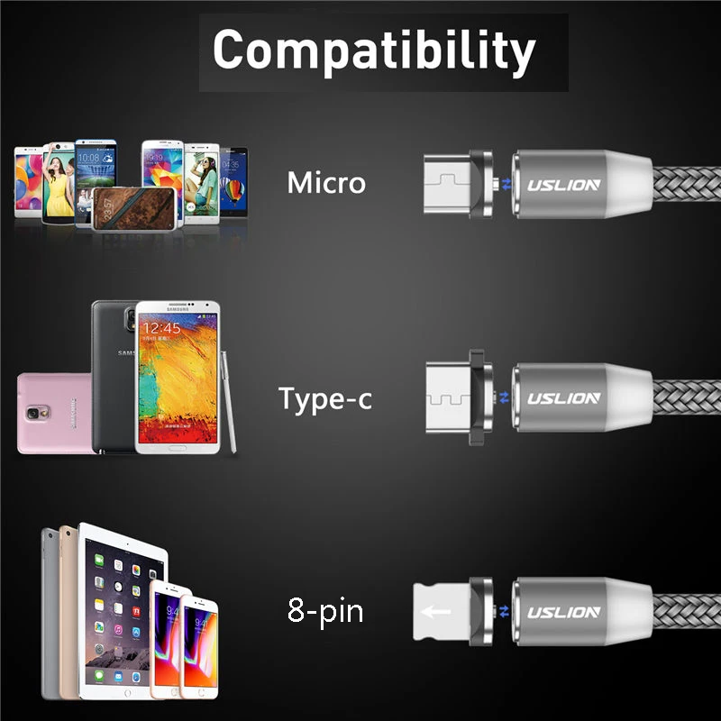 Uslion 2М Быстрая Зарядка Магнитный Кабель Micro USB Тип C Зарядное Устройство Для iPhone XS X 8 7 Samsung S10 9 Магнитный Android Телефон