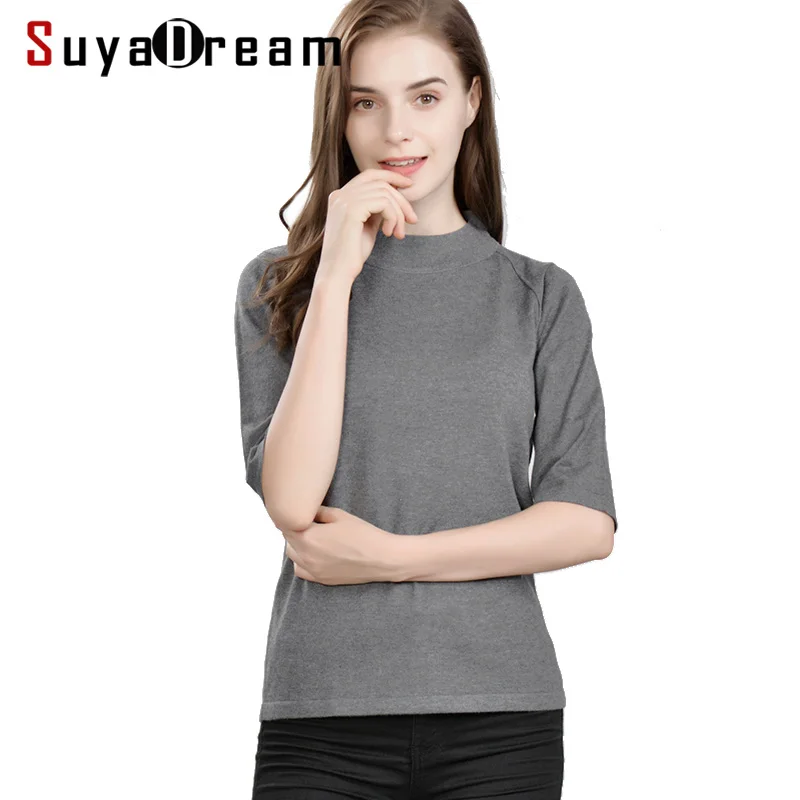 

SuyaDreamWomen Pullovers 85%Real Silk 15%Cashmere Half Sleeved Sweaters For Women 2020 FALL Winter Bottoming Knitwear Navy