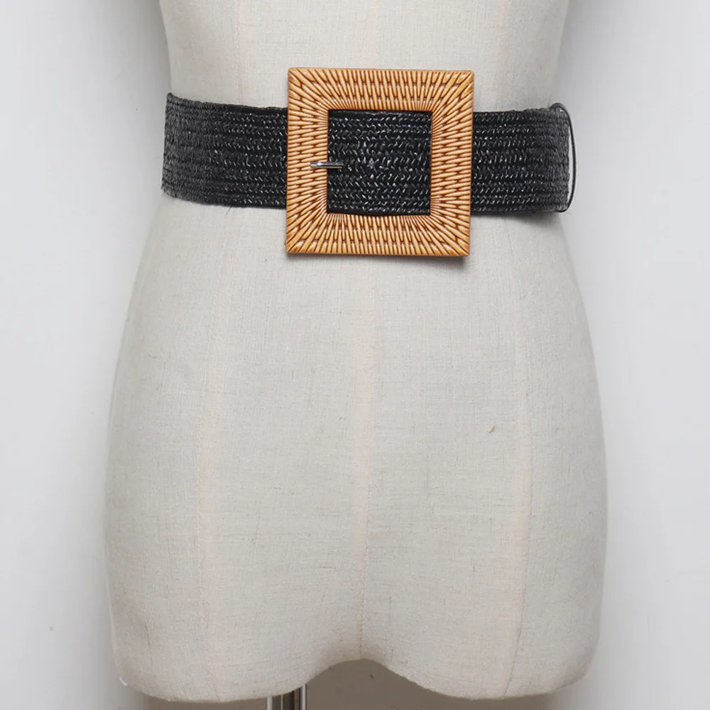 Brand New Fashion Sexy Women Round Elastic Belts Casual Girl Square Wooden Buckle Straw Belt Braided Woven Waistband Hot Sale