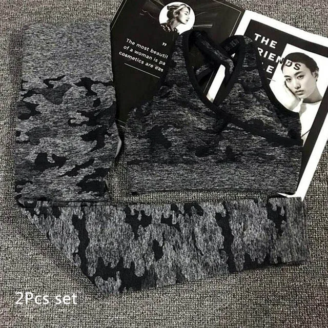 Black 2pcs set 2 шт./компл. одежда для йоги наборы Женская Спортивная одежда Женская одежда для фитнеса одежда для активного отдыха Камуфляжный спортивный костюм спортивный бюстгальтер леггинсы набор - Цвет: Black 2pcs set
