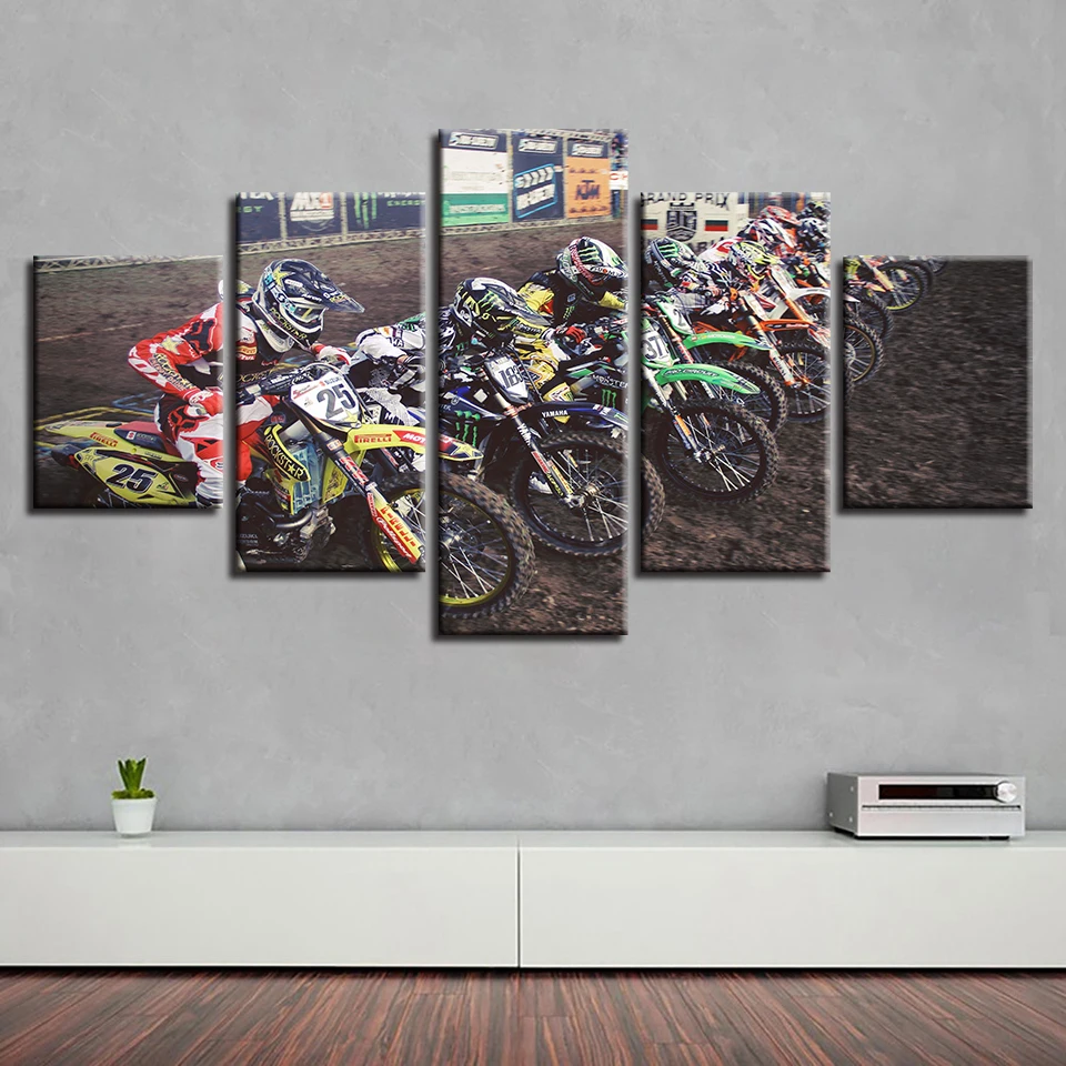 Wall Art Poster Modern Home Decoration Canvas Frame 5 Panel Motorcycle Racing Living Room HD Print Painting Modular Pictures | Дом и сад