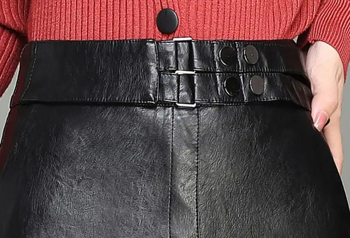 

Fall Winter Fashion Womens Ladies High Street Placket Black Pu Leather Skirt , 2018 Autumn Woman Female Slim 4xl Mid Calf Skirts