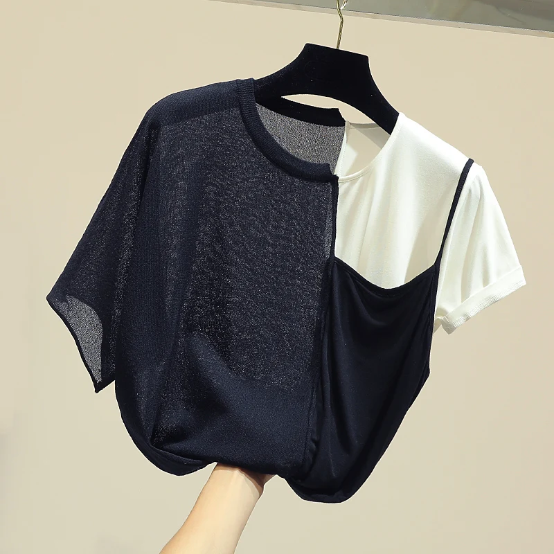 

Irregular short-sleeved T-shirt female 2019 summer new patchwork fake two-piece fashion tops shirt black and white tee