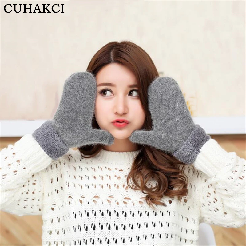 

CUHAKCI Fingerless Gloves Solid Cute Guantes Winter Women Knitted Wool Thicker Cashmere Mittens Velvet Warm Lovely Ladies