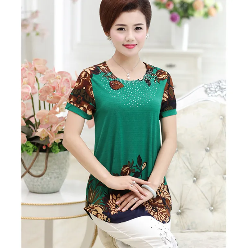 2019 Summer T-shirts Women Print O-neck Middle-aged Casual Loose T Shirt Vintage Clothes Short-sleeved Tops Tee Plus Size 4XL | Женская