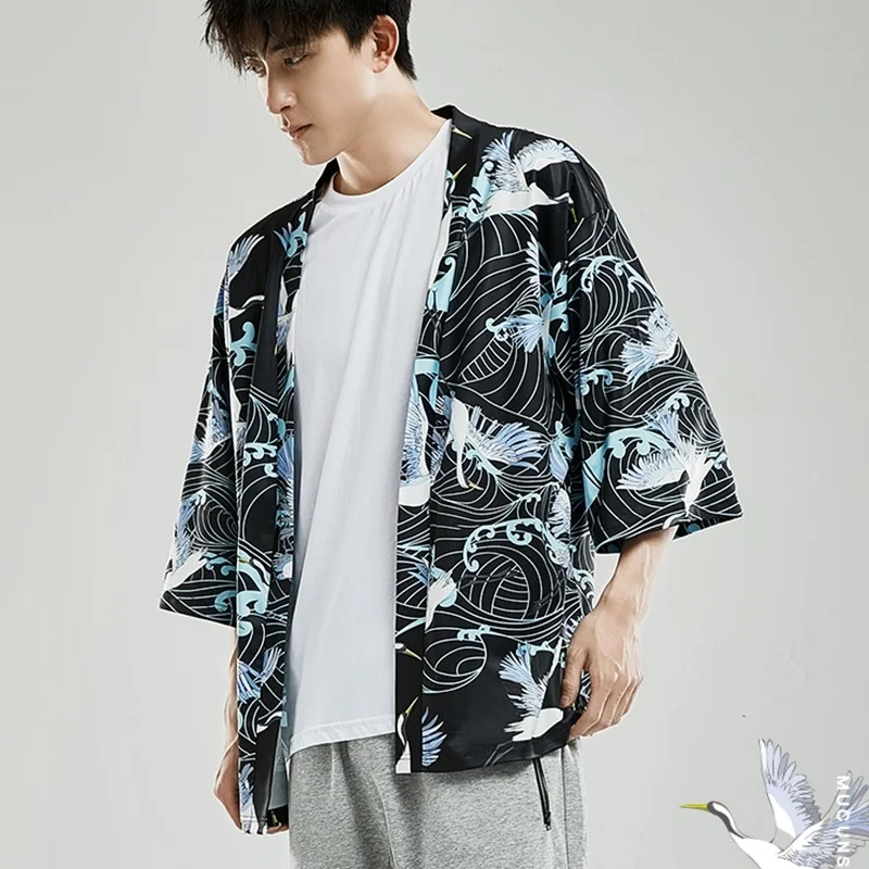 Кимоно FF2132 мужское в японском стиле Пляжное кимоно хаори Оби юката уличная