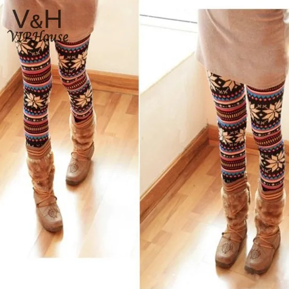 winter Colorful Crystal Pattern Snowflakes Knitted Leggings for women 34 | Женская одежда
