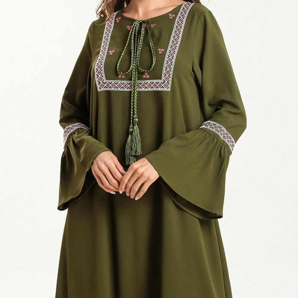 Женское платье с длинным рукавом Abaya хлопковое кафтан о вырезом и принтом в стиле