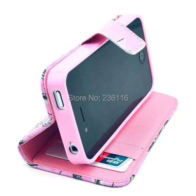 Pink Camo Tree Pattern PU Leather Case with Stand Cover for Apple iPhone 4 /4S Shell |