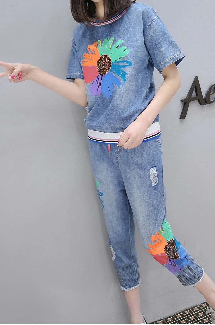 Женский джинсовый свитер Капри брюки комплект из 2 предметов Весенняя Модная