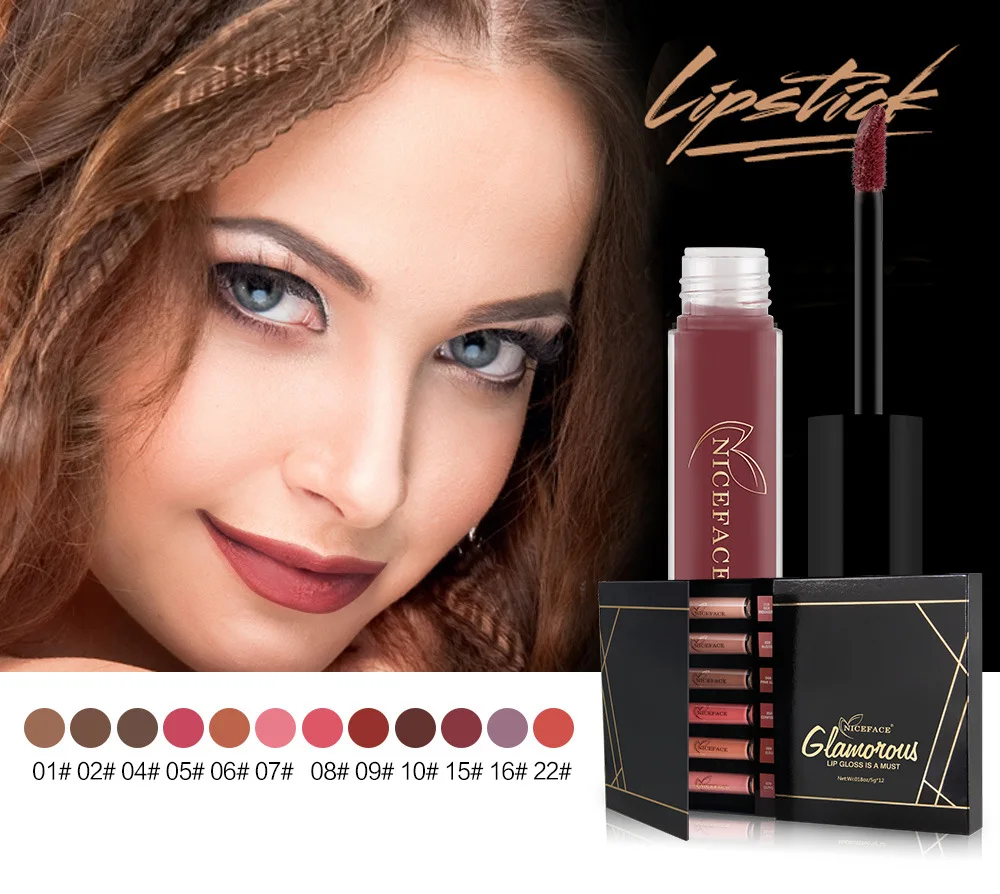 Liquid водостойкая помада NICEFACE 12 оттенков матовая и увлажняющая гладкая