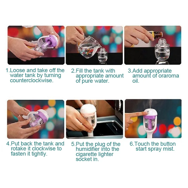 

12V Car Steam Humidifier Air Purifier Aroma Diffuser Essential oil diffuser Aromatherapy Mist Maker Fogger