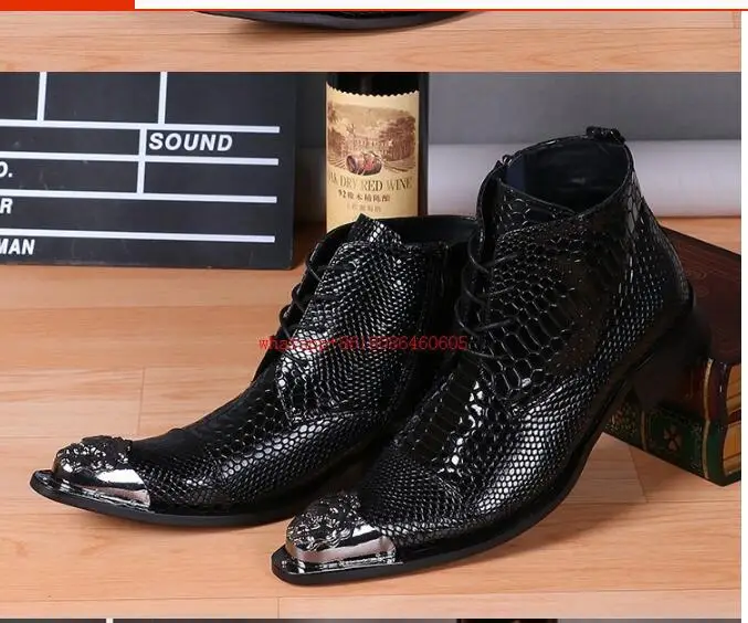 Черные Botines Hombre; кожаные военные ботинки из змеиной кожи; ковбойские ботинки на высоком каблуке со шнуровкой и острым носком; модельные мужские свадебные туфли - Цвет: as picture