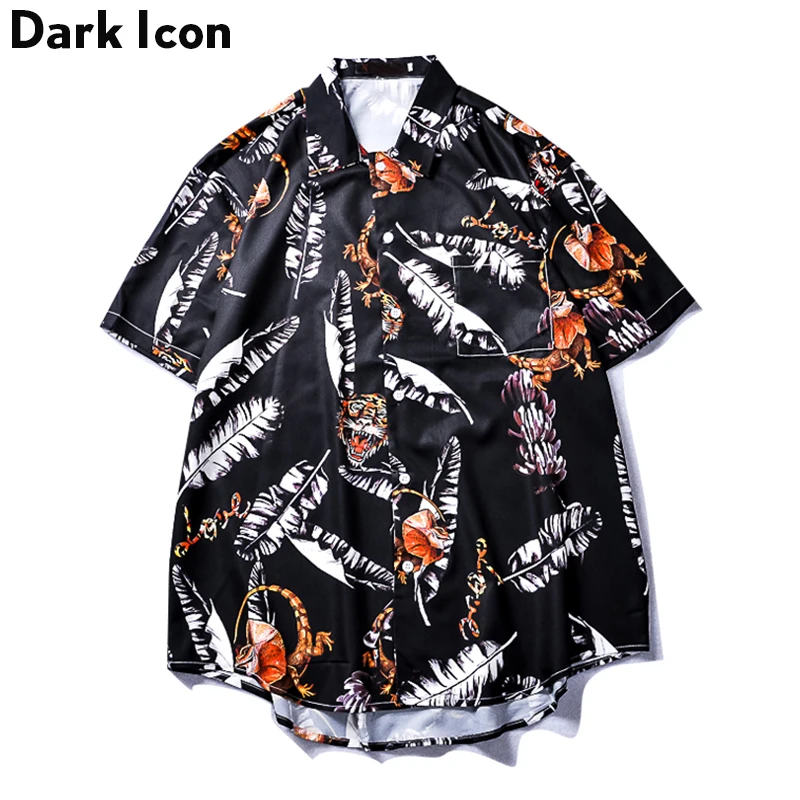 Мужская рубашка в стиле хип-хоп с принтом темных листьев и отложным воротником