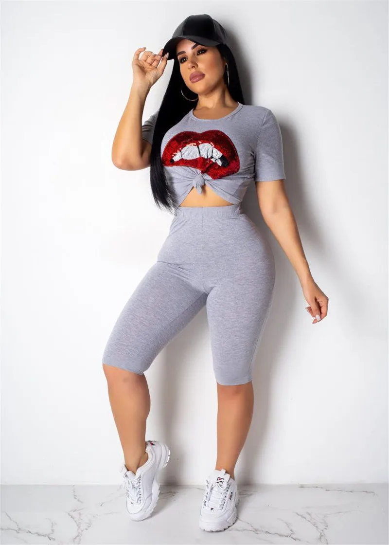Женский комплект из 2 предметов с блестками и губами летний топ короткими