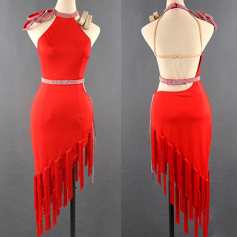

Summer Red Latin Dance Dress Women Elegant Fringe Dress Ballroom Dance Tango Dress Professional Competition Latin Dresses VDB141
