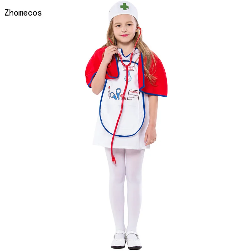 

Girls White Nurse Costumes Cosplay With Red Opera Cape For Children Halloween Game Party Dress