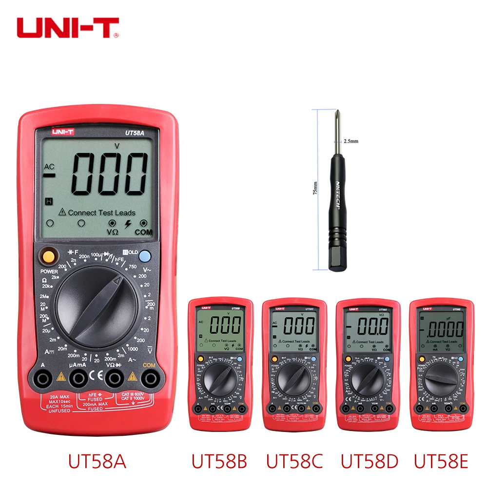 

UNI-T Digital Multimeter Ammeter UT58A UT58B UT58C UT58E UT58D Inductance Ohmmeter AC DC V Current Res Cap Diode Transistor Test