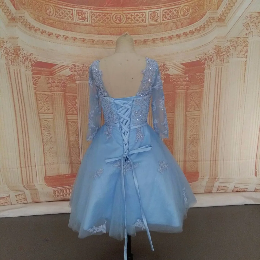 Real Photo YRE24 Robe de Soiree Lace Appliques 3/4 Sleeves Light Blue Short Evening Dress | Свадьбы и торжества