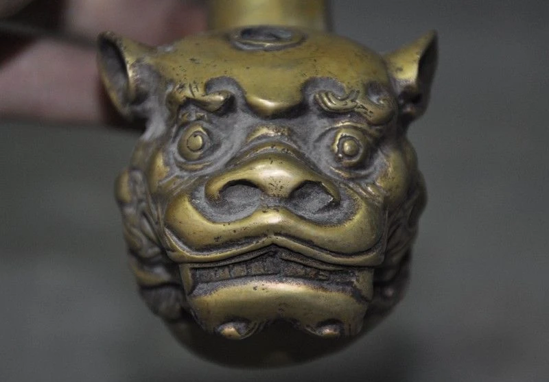 6 &quotстаринная китайская бронза foo Собака Лев Голова зверя статуя табачная трубка