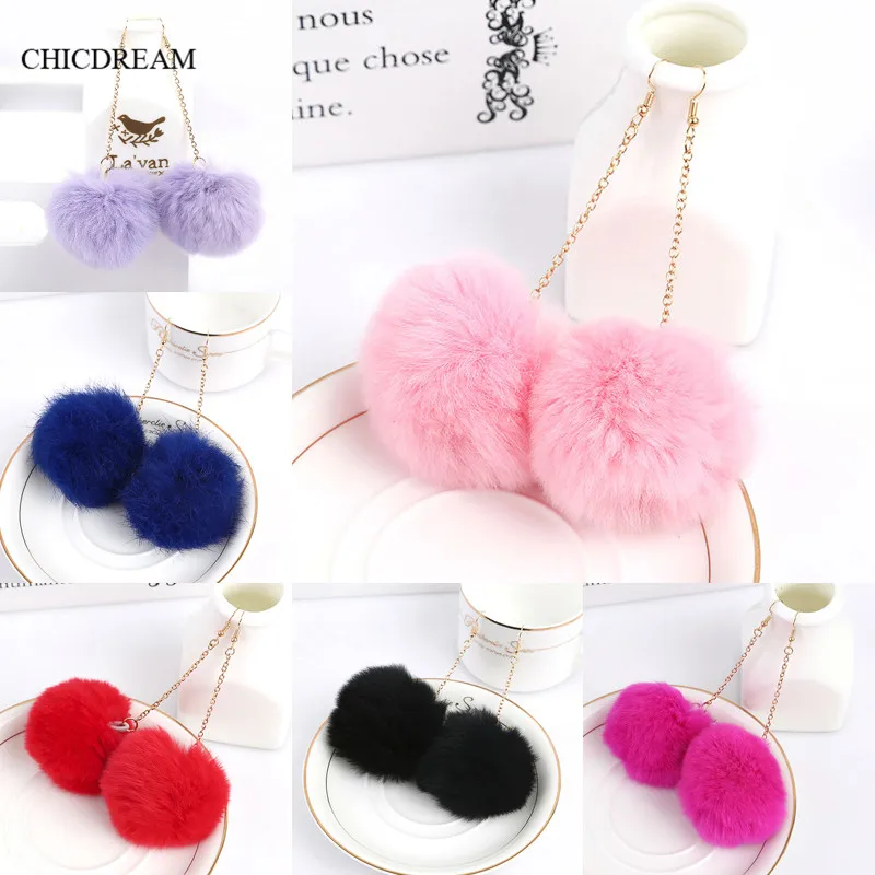 Серьги подвески с помпоном из натурального кроличьего меха 6 см 7 цветов|dangle drop