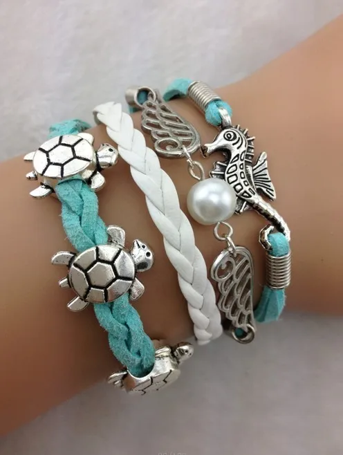 1 шт. морской конек крылья и Перл черепахи черепаха браслет в серебре-кашемир 1701