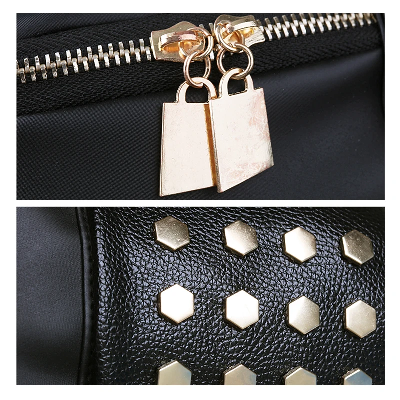 Fashion day pack женщины рюкзак черный сумка с заклепками Повседневная Золотой молнии