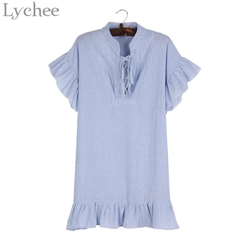 

Lychee Preppy Style Summer Women Dress Stripe Lace Up Butterfly Sleeve Stand Neck Casual Loose A-Line Dress