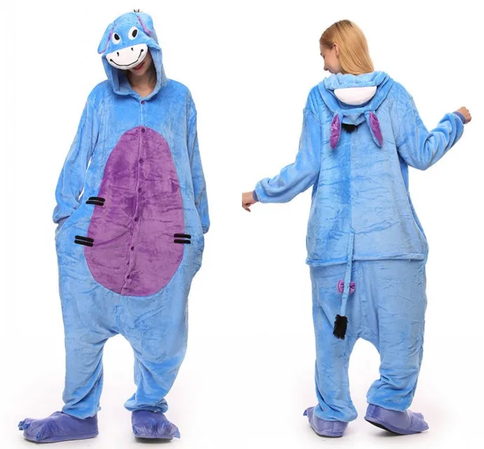 mc0687 blue donkey Осень, унисекс, пижамы с животными для взрослых, аниме, комбинезон, Ститч, единорог, панда, медведь, фланелевая, милая, теплая, косплей, одежда для сна - Цвет: mc0687 blue donkey