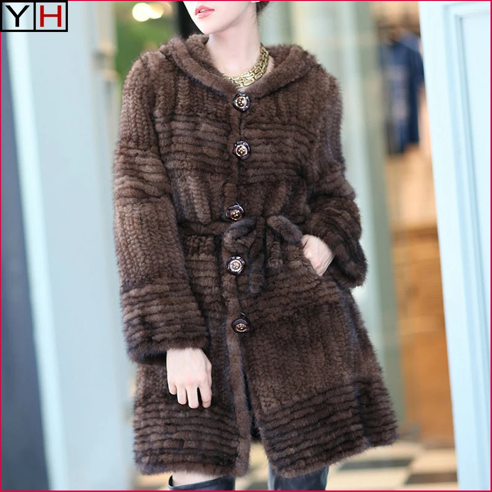 winter women 100% real mink fur jacket with hood. lady Luxury genuine knit outerwear band coat | Женская одежда