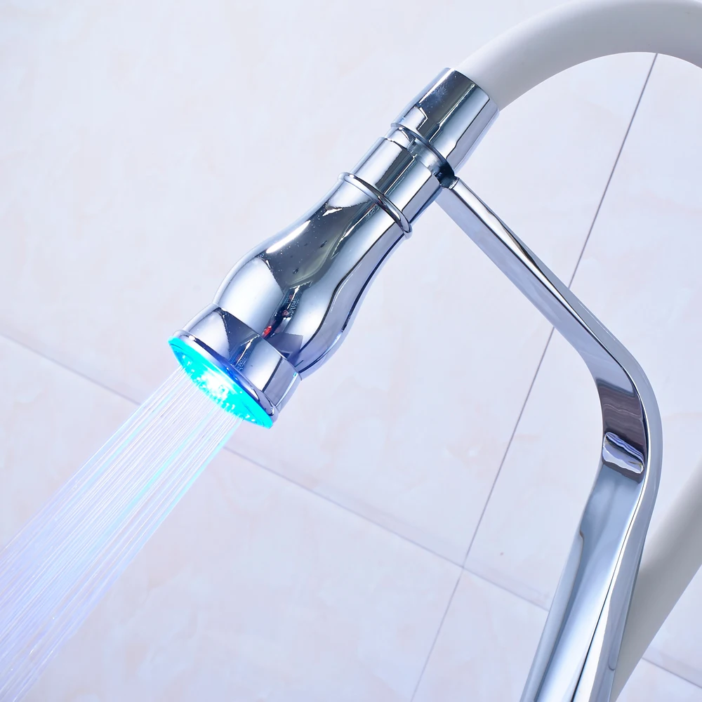 SHBSHAIMY Unique Design Chrome LED Kitchen Faucet Deck Mounted Pull Out Single Handle Hole Vessel Sink Mixer Tap Hot & Cold |