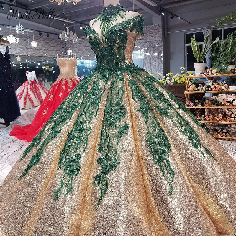 

modabelle Green Flowers Gold Evening Dress Robes De Soiree Longue Appliques Sequin Evening Dress With Shoulder Chian